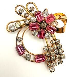 Vtg Star-Art 1/20 12k Gold Filled Mid Century Bow Brooch Pink White Crystals